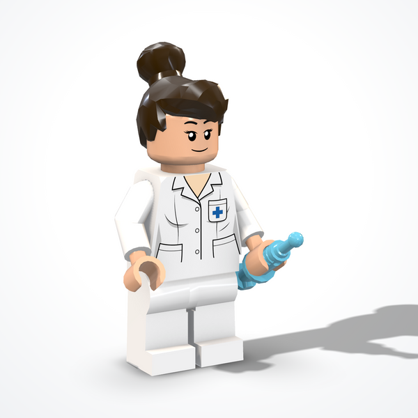 Nurse figure made of construction bricks — ¾ view from the left
