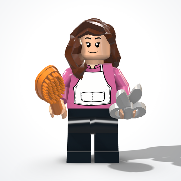 Hairdresser figure made of construction bricks — front view