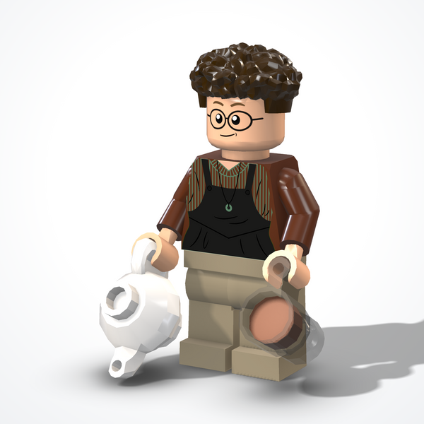 Barista figure made of construction bricks — ¾ view from the right