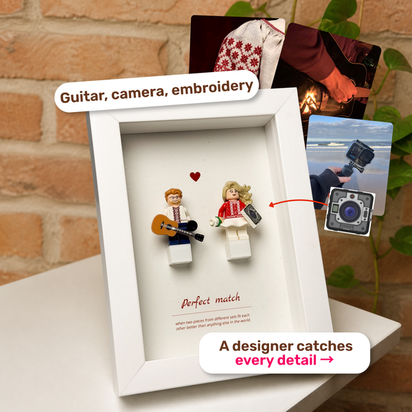 Cornice «Perfect match» con i personaggi di una coppia con chitarra e macchina fotografica, accanto alle foto della coppia