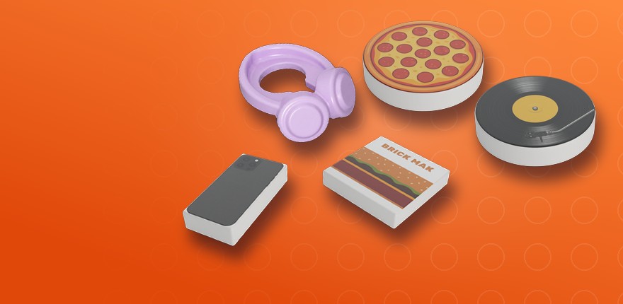 Akcesoria do minifigurek LEGO®: słuchawki, pizza, płyta winylowa, telefon