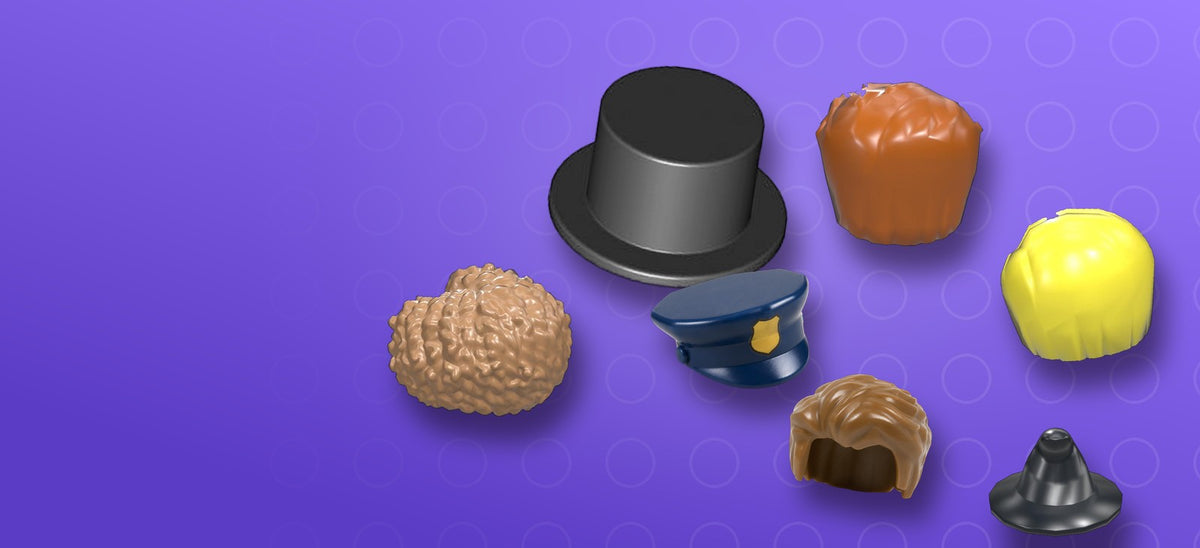 Fryzury i nakrycia głowy do minifigurek LEGO®: cylinder, czapka, włosy