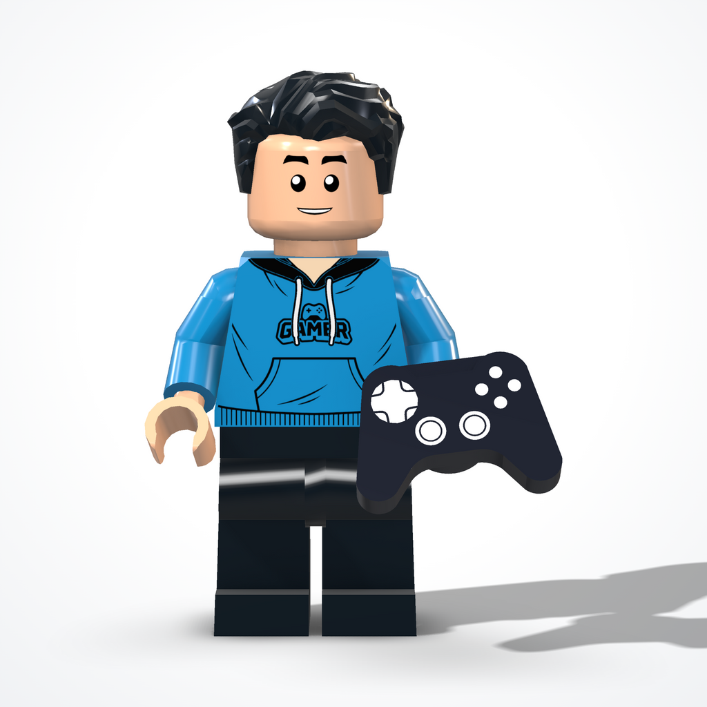 Minifigura del gamer in mattoncini — vista frontale