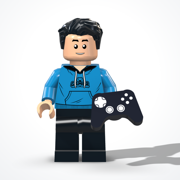 Minifigura del gamer in mattoncini — vista frontale