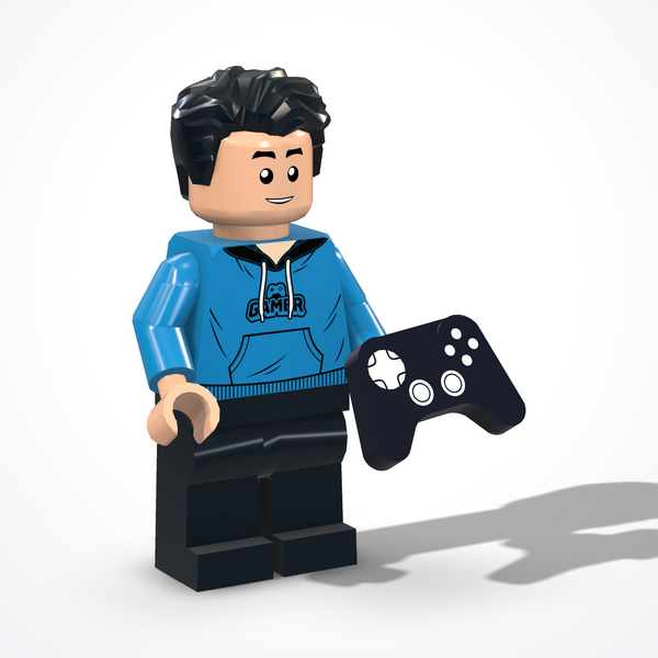 Minifigura del gamer in mattoncini — vista ¾ da sinistra