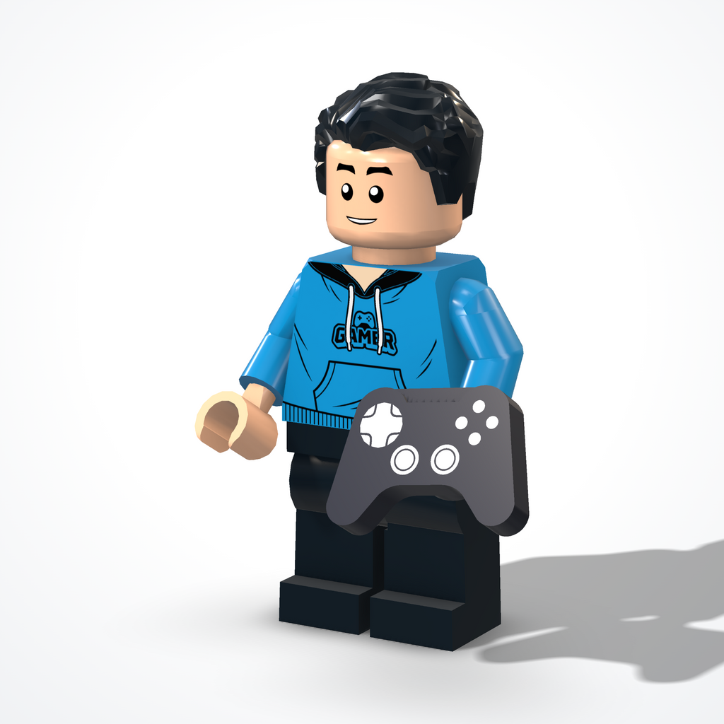 Minifigura del gamer in mattoncini — vista ¾ da destra
