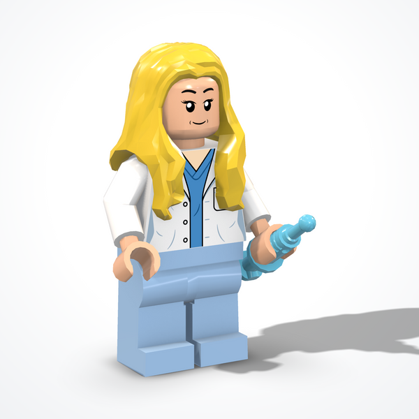 Minifigura della dottoressa in mattoncini — vista di ¾ da sinistra