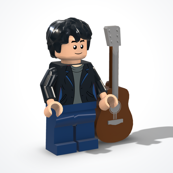 Minifigura del musicista con chitarra in mattoncini — vista di ¾ da sinistra