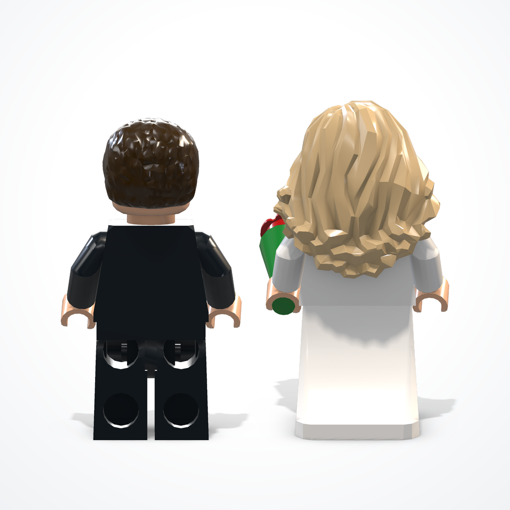 Minifigure degli sposi in mattoncini — sposa e sposo — vista posteriore