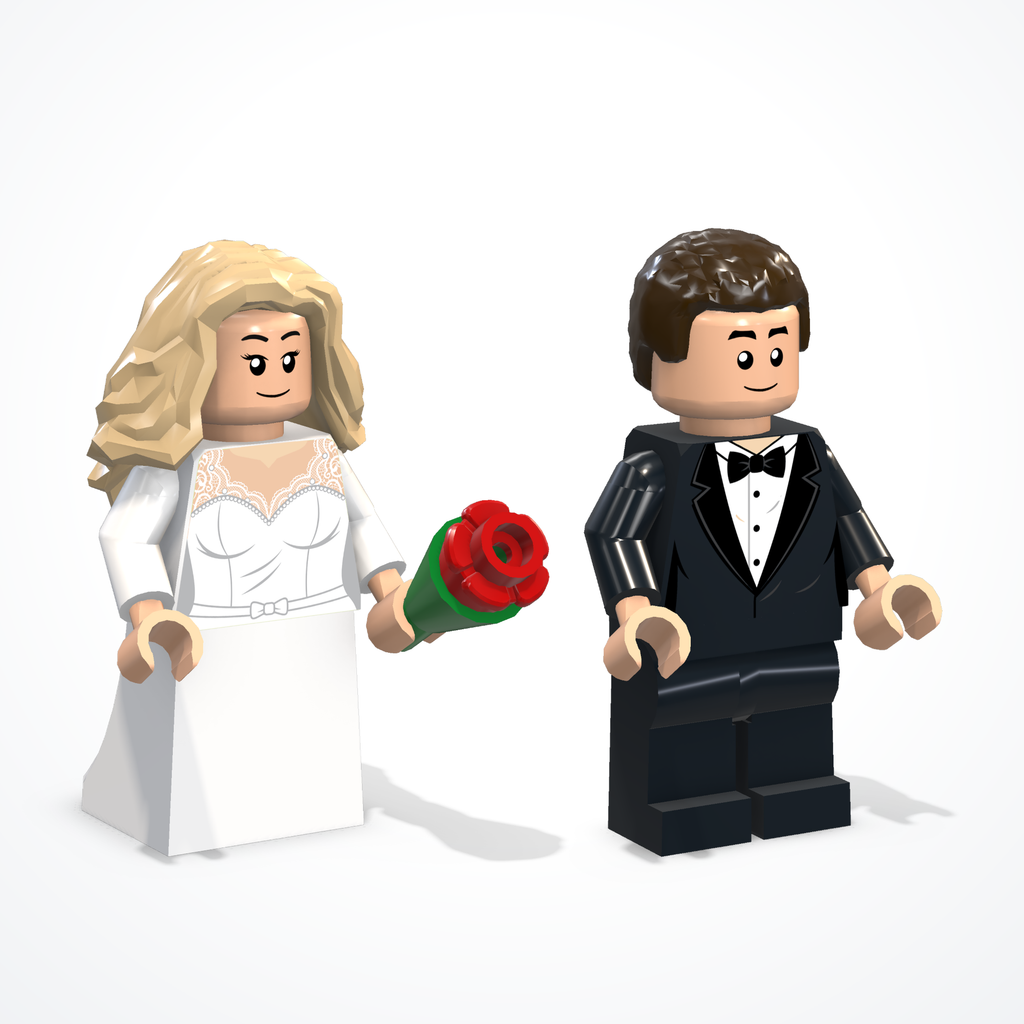 Minifigure degli sposi in mattoncini — sposa e sposo — vista di ¾ da sinistra