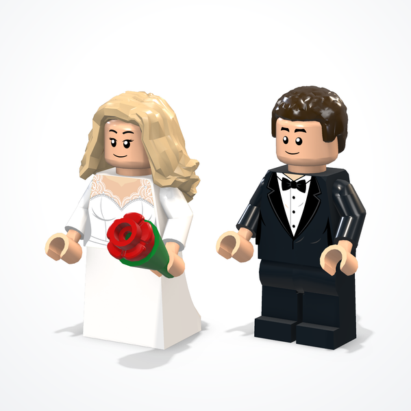 Minifigure degli sposi in mattoncini — sposa e sposo — vista ¾ da destra