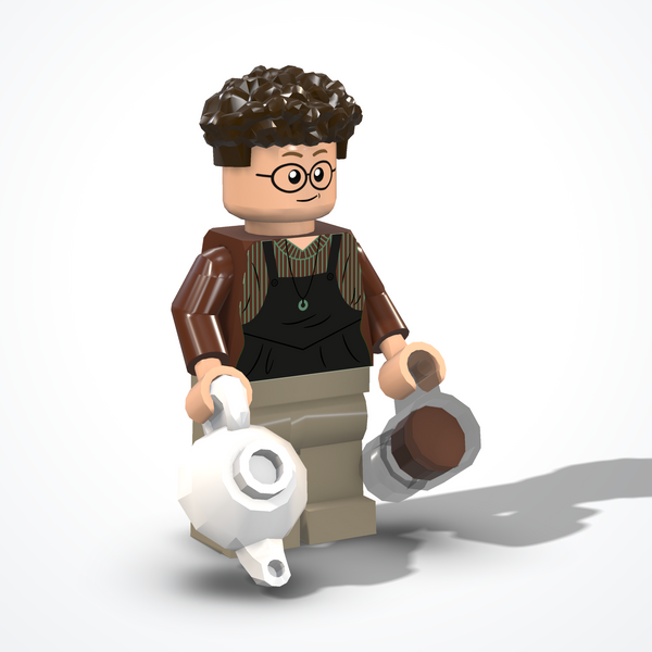 Barista figure made of construction bricks — ¾ view from the left
