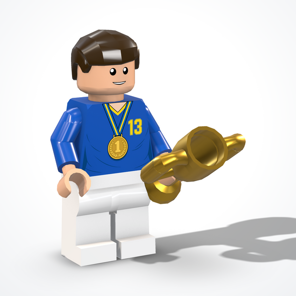 Minifigura del campione in mattoncini — vista di ¾ da sinistra