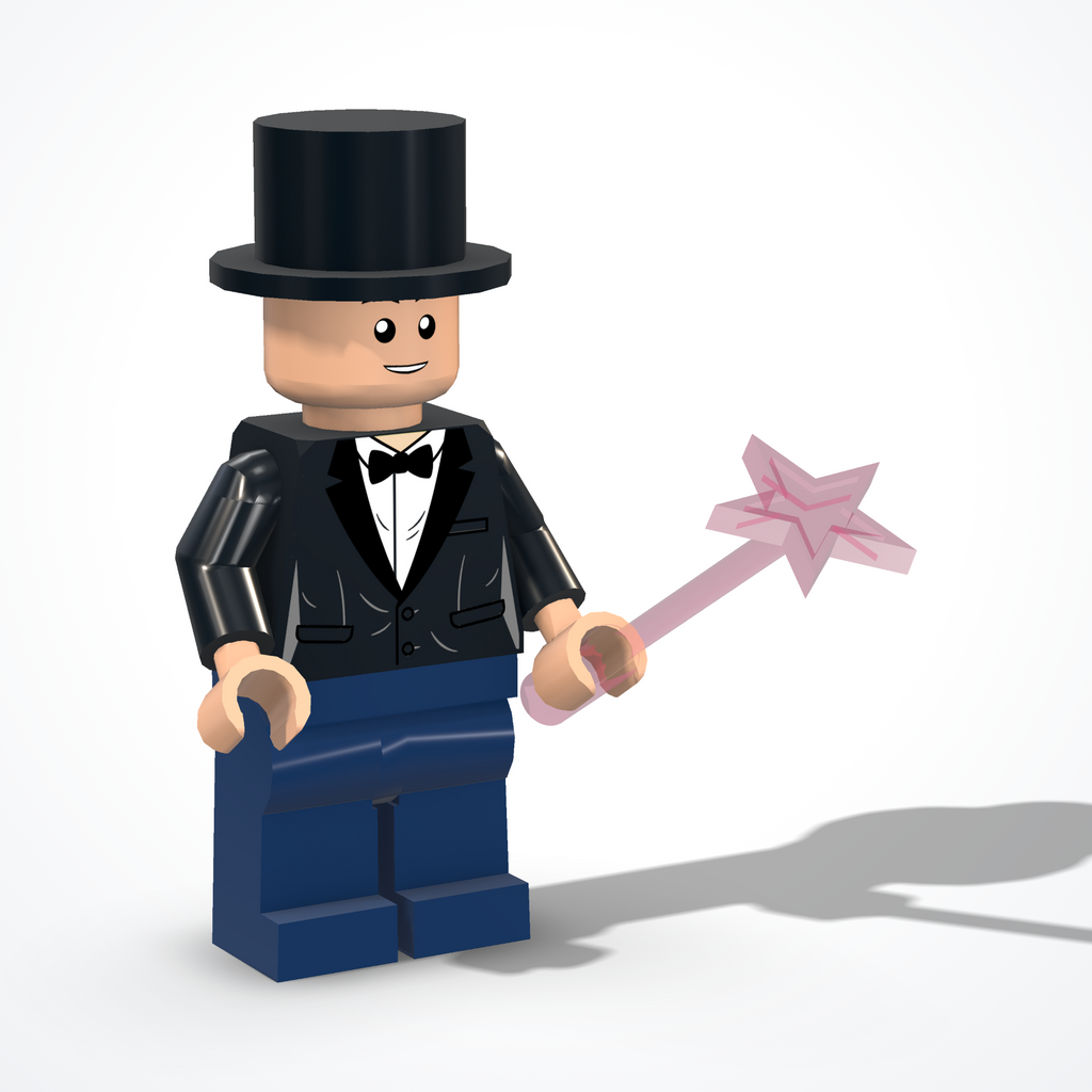 Minifigura del mago in mattoncini — vista di ¾ da sinistra