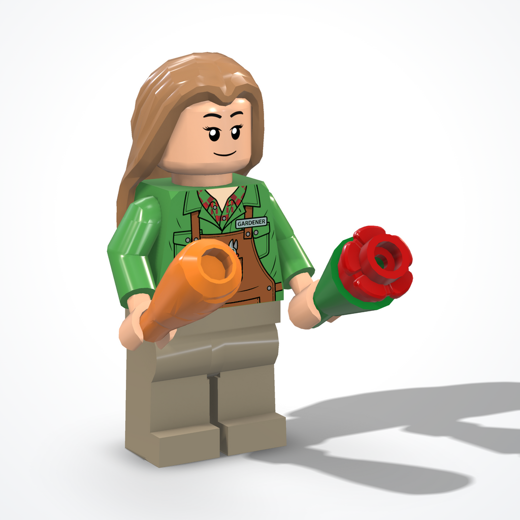 Minifigura della giardiniera in mattoncini — vista ¾ da sinistra