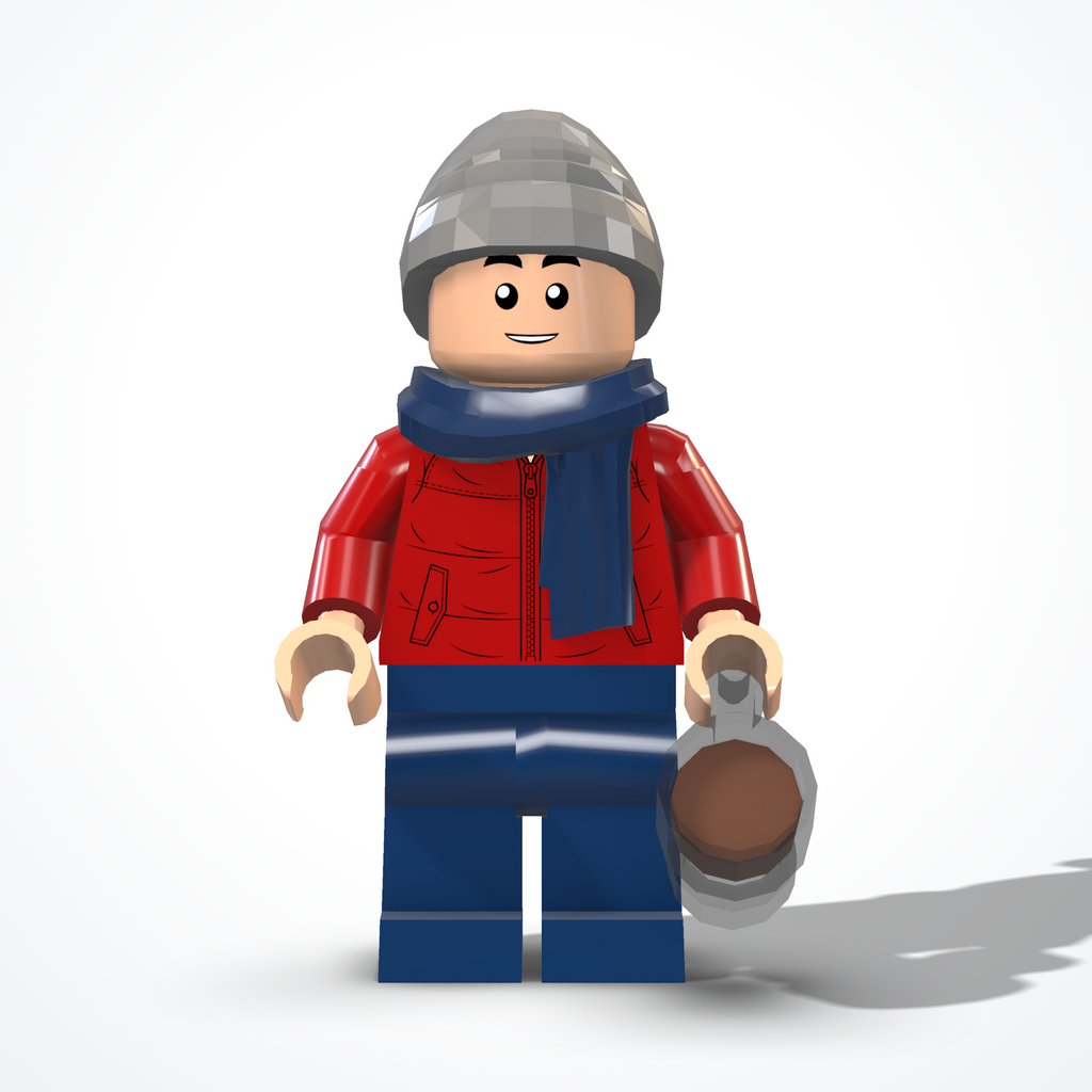 Figure in a winter outfit made of construction bricks — front view