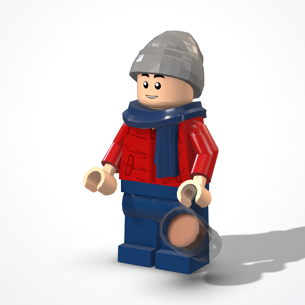 Figure in winter clothes made of construction bricks — ¾ view from the right